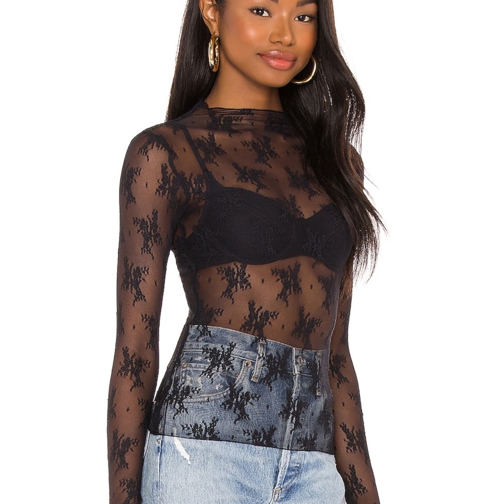 Free People Lady Lux Layering Top - Sheer Black Lace Long-Sleeve Top